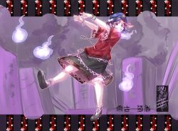 Rule 34 | 1girl, ankle socks, blouse, blue hair, bracelet, character name, eating, fang, female focus, fingernails, flying sweatdrops, ghost, hat, jewelry, jiangshi, leg up, letterboxed, looking at viewer, miyako yoshika, necklace, ofuda, outstretched arms, pendant, purple background, red eyes, shirt, short hair, short sleeves, skirt, socks, solo, star (symbol), teeth, tombstone, touhou, tree, yafu, zombie pose