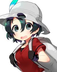 Rule 34 | 10s, 1girl, backpack, bag, black eyes, black gloves, black hair, blush, bucket hat, gloves, hair between eyes, hat, hat feather, holding, holding bag, kaban (kemono friends), kemono friends, marui shiro, open mouth, portrait, red shirt, shirt, short hair, simple background, solo, surprised, wavy hair, white background