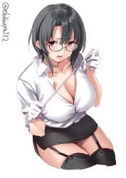 Rule 34 | 1girl, bespectacled, black-framed eyewear, black hair, black skirt, black thighhighs, blush, breasts, cleavage, collarbone, collared shirt, cropped legs, ebifurya, garter straps, glasses, gloves, highres, kantai collection, large breasts, open mouth, panties, pencil skirt, red eyes, red panties, shirt, short hair, simple background, skirt, solo, takao (kancolle), thighhighs, twitter username, underwear, white background, white gloves, white shirt
