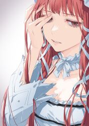 Rule 34 | 1girl, breasts, brown eyes, cleavage, collar, commentary, covering one eye, detached collar, dress, gradient background, grey background, hair ribbon, isa (peien516), long hair, long sleeves, looking to the side, parted lips, persona, persona 3, red hair, ribbon, simple background, solo, upper body, white collar, white dress, white ribbon, yoshino chidori