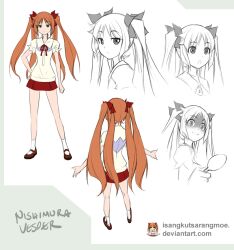 Rule 34 | 1girl, character name, character sheet, collared shirt, commentary, deviantart username, english commentary, green eyes, hand on own hip, holding, holding spoon, kriss sison, long hair, looking at viewer, miniskirt, multiple views, nishimura vesper, orange hair, original, red skirt, shirt, shoes, short sleeves, simple background, skirt, socks, spoon, standing, twintails, white background, white shirt