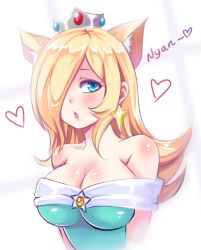 Rule 34 | 1girl, animal ears, bare shoulders, blonde hair, blue dress, blue eyes, body blush, breasts, brooch, cat ears, cleavage, cropped arms, cropped torso, crown, dress, earrings, eyelashes, hair over one eye, heart, jewelry, large breasts, lips, long hair, looking at viewer, mario (series), nintendo, nyan, off-shoulder dress, off shoulder, open mouth, rosalina, shiny skin, solo, star (symbol), star earrings, sugarbell, super mario galaxy, upper body, white background