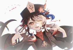 Rule 34 | 1girl, bead bracelet, beads, black hat, black nails, bracelet, bright pupils, brown coat, brown hair, coat, double w, english text, flower, flower-shaped pupils, genshin impact, hat, hat flower, hat tassel, highres, hu tao (genshin impact), jewelry, long hair, long sleeves, looking at viewer, mandarin collar, multiple rings, one eye closed, orange eyes, parted lips, ring, simple background, smile, solo, symbol-shaped pupils, teeth, twintails, upper body, upper teeth only, w, white background, white pupils, yukumo o