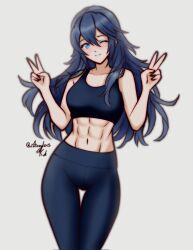 Rule 34 | 1girl, ;), abs, bare arms, bare shoulders, blue eyes, blue hair, blue pants, breasts, closed mouth, collarbone, commentary, double v, english commentary, fire emblem, fire emblem awakening, grey background, hair between eyes, hands up, highres, long hair, looking at viewer, lucina (fire emblem), medium breasts, navel, nintendo, one eye closed, pants, rotomdocs, signature, simple background, smile, solo, thigh gap, twitter username, v, very long hair