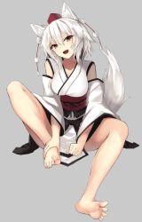 Rule 34 | 1girl, animal ears, bare legs, barefoot, breasts, collarbone, detached sleeves, fang, feet, grey background, hair between eyes, head tilt, highres, inubashiri momiji, iwashi (nisankatanso), kourindou tengu costume, obi, open mouth, orange eyes, pom pom (clothes), sash, simple background, sitting, smile, soles, solo, tail, toes, touhou, white hair, wolf ears, wolf tail