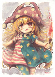 Rule 34 | 1girl, american flag dress, american flag legwear, artist name, blonde hair, brown eyes, clownpiece, commentary request, cowboy shot, hat, holding, holding torch, jester cap, kouba, long hair, looking at viewer, neck ruff, open mouth, purple hat, short sleeves, solo, torch, touhou
