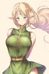 Rule 34 | 1girl, arms behind back, bare shoulders, belt, blonde hair, blush, breasts, circlet, deedlit, dress, elf, green eyes, highres, large breasts, long hair, looking at viewer, pointy ears, record of lodoss war, short dress, simple background, sleeveless, smile, solo, taut clothes, tunic, untue, very long hair, yellow background