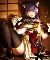 Rule 34 | 1girl, animal ears, bad id, bad pixiv id, cat ears, devil master, ear piercing, instrument, matsuda suzuri, piercing, purple hair, shamisen, thighhighs, tongue, tongue out, traditional clothes, yellow eyes