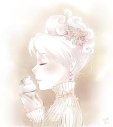 Rule 34 | 1girl, bow, cupcake, earrings, emily (meago), closed eyes, flower, food, hair flower, hair ornament, hair up, jewelry, lips, long sleeves, meago, original, pale skin, profile, signature, solo, sweater, turtleneck, updo, white hair