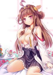 Rule 34 | 10s, 1girl, ahoge, bare shoulders, barefoot, breasts, brown hair, detached sleeves, double bun, hair bun, hairband, japanese clothes, kantai collection, kongou (kancolle), long hair, milkshakework, personification, smile, solo