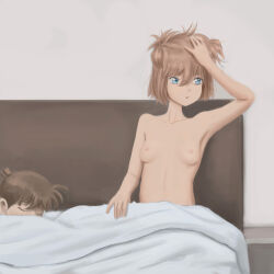 Rule 34 | 1boy, 1girl, absurdres, armpits, bed, bed sheet, blue eyes, breasts, brown hair, closed eyes, collarbone, edogawa conan, haibara ai, hand on own head, highres, looking to the side, meitantei conan, nipples, nude, on bed, short hair, sleeping, small breasts, solo focus, storm92