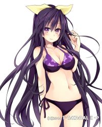 Rule 34 | 1girl, arm behind back, bikini, breasts, cleavage, collarbone, cowboy shot, date a live, hair ribbon, hand in own hair, hibiki mio, long hair, looking at viewer, medium breasts, navel, ponytail, purple bikini, purple eyes, purple hair, ribbon, side-tie bikini bottom, sideboob, simple background, smile, solo, standing, swimsuit, very long hair, white background, yatogami tooka, yellow ribbon