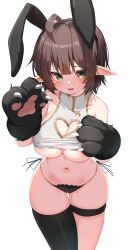 Rule 34 | 1girl, absurdres, ahoge, animal ears, animal hands, areola slip, bare shoulders, black hairband, black panties, black thighhighs, breasts, brown hair, cleavage, cleavage cutout, clothing cutout, commission, crop top, elf, fake animal ears, frown, gloves, gold trim, green eyes, hairband, heart cutout, highres, large breasts, looking at viewer, navel, no pants, open mouth, original, panties, paw gloves, pointy ears, rabbit ears, second-party source, shirt, short hair, side-tie panties, simple background, single thighhigh, skindentation, sleeveless, sleeveless shirt, solo, standing, stomach, string panties, sweatdrop, thigh gap, thigh strap, thighhighs, thighs, underboob, underwear, w.k, white background, white shirt