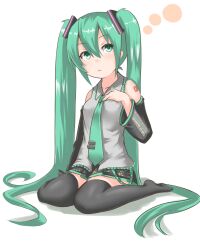 Rule 34 | 1girl, :&lt;, bad hands, black skirt, black sleeves, black thighhighs, blue nails, breasts, closed mouth, collared shirt, commentary request, detached sleeves, full body, green eyes, green hair, green necktie, grey shirt, hair between eyes, hand up, hatsune miku, highres, kuro kosyou, long hair, long sleeves, nail polish, necktie, no shoes, pleated skirt, shadow, shirt, simple background, sitting, skirt, sleeveless, sleeveless shirt, small breasts, solo, thighhighs, tie clip, twintails, very long hair, vocaloid, wariza, white background, wide sleeves