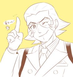 Rule 34 | 1boy, ace attorney, apollo justice: ace attorney, bobby fulbright, closed eyes, closed mouth, collared shirt, formal, glasses, gloves, index finger raised, jacket, long sleeves, looking at viewer, mai8484, male focus, necktie, one eye closed, shirt, short hair, simple background, smile, solo, suit, upper body, yellow background