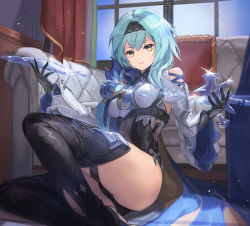 Rule 34 | 1girl, between breasts, blue hair, boots, breasts, closed mouth, commission, couch, curtains, eula (genshin impact), genshin impact, gloves, looking at viewer, necktie, necktie between breasts, pixiv commission, sitting, solo, taba comya, thigh boots, thighhighs, thighs, window