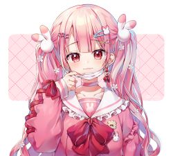 Rule 34 | 1girl, bow, choker, chyoling, closed mouth, collarbone, commentary, earrings, flower, frilled sailor collar, frills, glint, hair flower, hair ornament, hairclip, hand up, jewelry, long hair, long sleeves, looking at viewer, mask, mask pull, mouth mask, original, pink choker, pink hair, pink shirt, puffy long sleeves, puffy sleeves, rabbit hair ornament, red bow, red eyes, sailor collar, shirt, smile, solo, surgical mask, symbol-only commentary, twintails, upper body, very long hair, white flower, white sailor collar, x hair ornament