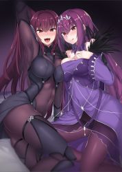 Rule 34 | 2girls, :d, :q, arm up, armor, bed, bodysuit, breast press, breasts, cleavage, covered navel, dress, fate/grand order, fate (series), feather trim, fur trim, hair intakes, hand on own chest, headpiece, highres, indoors, kazami chiu, large breasts, leotard, long hair, long sleeves, looking at viewer, multiple girls, open mouth, pantyhose, pauldrons, purple bodysuit, purple dress, purple hair, purple leotard, red eyes, scathach (fate), scathach skadi (fate), shoulder armor, smile, symmetrical docking, tiara, tongue, tongue out, very long hair, wide sleeves