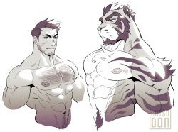 Rule 34 | 2boys, abs, animal ears, bara, beard, catsudon, chest hair, cropped torso, facial hair, furrification, furry, furry male, greyscale, humanization, large pectorals, looking at another, male focus, mature male, monochrome, multicolored hair, multiple boys, muscular, muscular male, navel, navel hair, nipples, nude, original, pectorals, short hair, smile, stomach, streaked hair, stubble, thick eyebrows, tiger boy, tiger ears