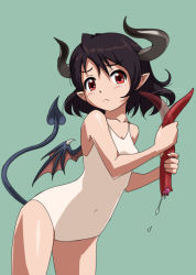 Rule 34 | 1girl, bad id, bad pixiv id, bat wings, black hair, demon girl, demon tail, demon wings, horns, one-piece swimsuit, original, pointy ears, red eyes, rohitsuka, short hair, solo, standing, swimsuit, tail, wings