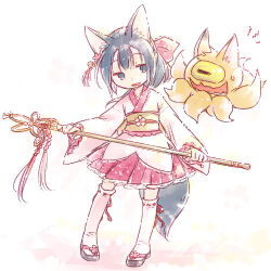 Rule 34 | 1girl, anger vein, animal ear fluff, animal ears, bell, black eyes, black hair, black tail, bow, commentary request, creature, dated commentary, flower, fox ears, fox tail, frilled sleeves, frills, full body, hair bell, hair bow, hair flower, hair ornament, holding, holding staff, japanese clothes, jingle bell, kimono, lowres, obi, obiage, obijime, okobo, original, parted lips, pink bow, pink kimono, pink skirt, pleated skirt, rakuni, ribbon-trimmed thighhighs, ribbon trim, sandals, sash, shout lines, skirt, smile, solo, staff, tail, thighhighs