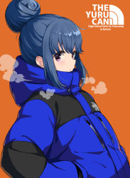 Rule 34 | 1girl, blue coat, blue hair, blush, closed mouth, clothes writing, coat, commentary request, copyright name, drawstring, english text, from side, hair bun, hands in pockets, hood, hood down, hooded coat, long hair, long sleeves, looking at viewer, looking to the side, mirai denki, orange background, purple eyes, shima rin, short hair, sidelocks, simple background, single hair bun, solo, upper body, yurucamp