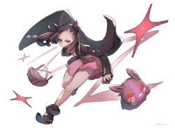 1girl asymmetrical_bangs bag black_footwear black_hair black_jacket black_nails commentary_request creatures_(company) dress eyelashes game_freak gen_8_pokemon green_eyes hair_ribbon highres holding holding_poke_ball jacket knees long_hair long_sleeves marnie_(pokemon) morpeko morpeko_(hangry) nail_polish nintendo odd_(hin_yari) open_clothes open_jacket pink_dress poke_ball poke_ball_(basic) pokemon pokemon_(creature) pokemon_swsh red_ribbon ribbon white_background