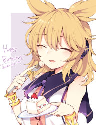 Rule 34 | 1girl, :d, ^ ^, bare shoulders, blonde hair, blush, bracelet, cake, closed eyes, commentary request, dated, earmuffs, food, fork, hair between eyes, hands up, happy birthday, holding, holding fork, holding plate, jewelry, open mouth, plate, pointy hair, sarashi, short hair, sleeveless, smile, solo, strawberry shortcake, tama (soon32281), touhou, toyosatomimi no miko, upper body