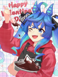 1girl absurdres ahoge animal_ears apron aqua_hair arm_up batter black_apron blue_eyes blue_hair bow bowl crossed_bangs drawstring grid_background hair_bow happy_valentine highres holding holding_bowl holding_spatula hood hoodie horse_ears horse_girl kuruton_(krtn_gameac) long_hair long_sleeves mixing_bowl multicolored_hair one_eye_closed open_mouth red_hoodie sharp_teeth sidelocks smile solo spatula striped_bow teeth twin_turbo_(umamusume) twintails two-tone_hair umamusume upper_body upper_teeth_only