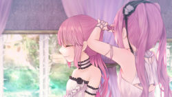 Rule 34 | 2girls, adjusting hair, bare shoulders, black ribbon, choker, curtains, dress, euryale (fate), closed eyes, fate/hollow ataraxia, fate (series), from side, hairband, lolita hairband, multiple girls, purple hair, ribbon, siblings, sisters, sleeveless, sleeveless dress, smile, stheno (fate), twins, twintails, upper body, white dress, yuurei447