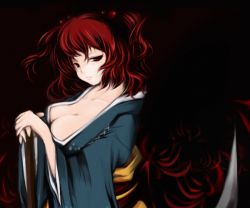 Rule 34 | 1girl, aoi mitsuru, bad id, bad pixiv id, breasts, cleavage, female focus, flower, hair bobbles, hair ornament, japanese clothes, large breasts, onozuka komachi, red eyes, red hair, scythe, short hair, solo, spider lily, touhou, twintails, two side up