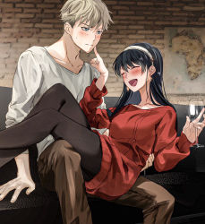 Rule 34 | 1boy, 1girl, :t, ^ ^, ^o^, absurdres, black hair, black pantyhose, blonde hair, blouse, blue eyes, blush, brick wall, brown pants, cheek poking, closed eyes, closed mouth, couch, cup, dress, drinking glass, drunk, earrings, empty, eto sister, gold earrings, hairband, hand up, hetero, highres, holding, holding cup, husband and wife, index finger raised, jewelry, long hair, long sleeves, on couch, on lap, on person, pants, pantyhose, picture frame, poking, red sweater, shirt, short hair, sitting, smile, spy x family, straight hair, sweatdrop, sweater, sweater dress, torso grab, twilight (spy x family), v-neck, white hairband, white shirt, wine glass, yor briar