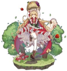 Rule 34 | 1girl, apple, artist request, basket, bell, blonde hair, boots, braid, brown footwear, cape, collared shirt, dress, eliisa (mahjong soul), food, frilled dress, frills, fruit, game cg, grapes, green eyes, happy, highres, holding, holding basket, horns, jumping, leaf, long hair, mahjong soul, mushroom, official art, pineapple, red cape, sheep, sheep horns, shirt, simple background, smile, solo, thighhighs, third-party source, transparent background, tree, white shirt, yostar