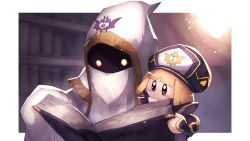 Rule 34 | 1boy, 1girl, absurdres, black hair, black headwear, blonde hair, blunt bangs, blush, book, bookshelf, border, brown eyes, cloak, father and daughter, glowing, glowing eyes, gold trim, height difference, highres, hood, hooded cloak, hyness, indoors, kirby: star allies, kirby (series), library, looking at another, nintendo, pages, reading, shiburingaru, short hair, sleeves past fingers, sleeves past wrists, white border, white hood, yellow eyes, zan partizanne