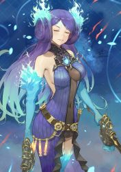 Rule 34 | 1girl, blue fire, breasts, brighid (xenoblade), center opening, collarbone, commentary request, curvy, dress, elbow gloves, closed eyes, fadingz, fiery hair, fire, gloves, hat, highres, large breasts, long hair, looking at viewer, purple dress, purple eyes, purple hair, simple background, smile, solo, thighhighs, very long hair, weapon, whip sword, xenoblade chronicles (series), xenoblade chronicles 2