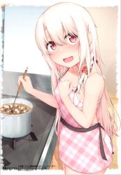 Rule 34 | 1girl, absurdres, alternate costume, alternate hairstyle, apron, artbook, blush, bra, braid, breasts, cooking, fate/kaleid liner prisma illya, fate (series), hair between eyes, highres, illyasviel von einzbern, jewelry, ladle, long hair, looking at viewer, miso soup, nearly naked apron, no pants, no shirt, open mouth, panties, plaid, plaid apron, pot, red eyes, ring, scan, seven d3t, sidelocks, silver hair, small breasts, solo, stove, underwear, white bra, white panties
