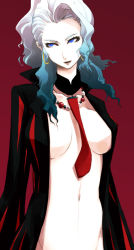 Rule 34 | 1girl, blue hair, breasts, chou shittou caduceus, collarbone, earrings, formal, hospital rokunin no ishi, jewelry, large breasts, long hair, looking to the side, makeup, mira kimishima, multicolored hair, navel, necklace, necktie, open clothes, pinstripe pattern, ponytail, serious, silver hair, simple background, solo, suit, two-tone hair, wanyuwa, wavy hair