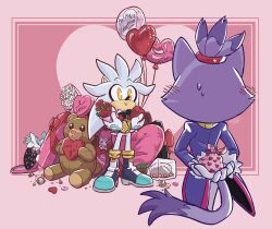 Rule 34 | 1boy, 1girl, absurdres, aideneye99, animal ears, arms behind back, balloon, blaze the cat, blue footwear, boots, bouquet, box, brown eyes, flower, furry, furry female, furry male, gift, gift box, gloves, heart balloon, highres, holding, holding bouquet, holding gift, jacket, purple fur, purple jacket, red flower, red rose, rose, silver the hedgehog, smile, sonic (series), stuffed animal, stuffed toy, tail, teddy bear, two-tone footwear, valentine, white flower, white footwear, white fur, white gloves