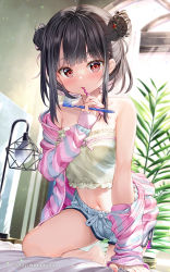 Rule 34 | 1girl, bare shoulders, barefoot, black hair, blue shorts, braid, collarbone, commentary request, crop top, double bun, floor lamp, frilled shirt, frills, fujima takuya, hair bun, holding, indoors, jacket, long sleeves, looking at viewer, midriff, navel, off shoulder, open clothes, open jacket, original, red eyes, shirt, short shorts, shorts, sleeves past wrists, solo, strapless, strapless shirt, striped clothes, striped jacket, toothbrush, white shirt