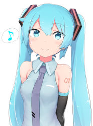Rule 34 | 1girl, abmayo, aqua eyes, aqua hair, arms behind back, bare shoulders, black sleeves, blouse, blue necktie, blush, closed mouth, commentary request, detached sleeves, eighth note, grey shirt, hair ornament, hatsune miku, highres, long hair, looking at viewer, musical note, necktie, number tattoo, shirt, shoulder tattoo, simple background, sleeveless, sleeveless shirt, smile, solo, speech bubble, spoken musical note, tattoo, twintails, upper body, very long hair, vocaloid, white background