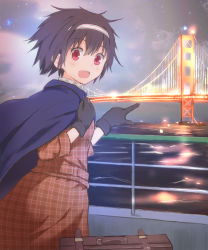 Rule 34 | 1girl, black gloves, black hair, blue cape, bridge, brown jacket, brown skirt, cape, formal, from behind, gloves, golden gate bridge, hair between eyes, hairband, hand on own shoulder, highres, hiyou (warship girls r), jacket, light, lights, looking at viewer, looking back, open mouth, outdoors, plaid, plaid jacket, plaid skirt, pointing, railing, red eyes, short hair, skirt, skirt suit, sky, smile, solo, standing, star (sky), starry sky, suit, suitcase, suspension bridge, ujo, warship girls r, water, waves