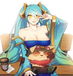 Rule 34 | 1girl, bad id, bad pixiv id, bench, blue dress, blue eyes, blue hair, breasts, closed eyes, collarbone, detached sleeves, dress, hair over one eye, hsn4444, large breasts, league of legends, lips, long hair, looking at viewer, mouse (animal), off shoulder, sitting, sitting on lap, sitting on person, smile, sona (league of legends), teemo, twintails, v, v over eye, very long hair, wide sleeves, yellow eyes