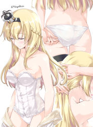 Rule 34 | 10s, 1girl, adjusting clothes, adjusting panties, alternate costume, ass, bare shoulders, blush, braid, breasts, closed eyes, collarbone, corset, crown, crown braid, french braid, hair between eyes, highres, holding, holding hair, kantai collection, long hair, mikage takashi, multiple views, panties, panty pull, smile, thighhighs, underwear, undressing, warspite (kancolle)