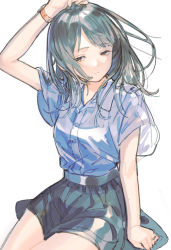 Rule 34 | 1girl, arm support, arm up, aspara, black eyes, black hair, black skirt, blue shirt, closed mouth, collared shirt, commentary request, highres, jewelry, long hair, looking at viewer, original, ring, shirt, shirt tucked in, short sleeves, simple background, sitting, skirt, solo, watch, white background, wristwatch