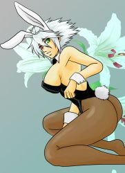 Rule 34 | 1girl, alpha-01, animal ears, arc system works, ass, bare shoulders, blazblue, bow, bowtie, breasts, cleavage, detached collar, fake animal ears, flower, genderswap, genderswap (mtf), green eyes, heterochromia, highres, kneeling, large breasts, lily (flower), no shoes, ooji (bakushi naka), pantyhose, playboy bunny, rabbit ears, rabbit tail, ragna the bloodedge, red eyes, short hair, sideboob, silver hair, solo, tail, wrist cuffs