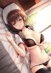 Rule 34 | 1girl, bed, black panties, black sailor collar, black skirt, blurry, blurry background, blush, bra, breasts, brown bra, brown eyes, brown hair, closed mouth, clothes pull, collarbone, commentary request, day, depth of field, dutch angle, fingernails, groin, hair between eyes, hand up, highres, large breasts, looking at viewer, lying, navel, on bed, on side, open clothes, open shirt, original, panties, panty pull, pillow, piripun, pleated skirt, sailor collar, sailor collar lift, school uniform, serafuku, shirt, short hair, short sleeves, skirt, skirt pull, smile, solo, sunlight, underwear, white shirt, window