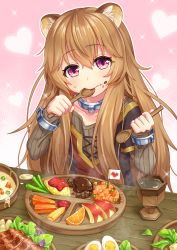 Rule 34 | 1girl, animal ears, apple, apple slice, blush, bowl, brown hair, carrot, closed mouth, collarbone, commentary request, corn, cup, dual wielding, eating, egg yolk, food, food on face, fruit, hair between eyes, hamburger steak, hardboiled egg, head tilt, heart, highres, holding, holding spoon, lettuce, long hair, long sleeves, looking at viewer, meat, mini flag, okosama lunch, omelet, omurice, orange (fruit), orange slice, otosume ruiko, outline, pink eyes, plate, raccoon ears, raccoon girl, raphtalia, rice, solo, sparkle, spoon, stew, table, tate no yuusha no nariagari, wavy mouth, white outline, wooden table