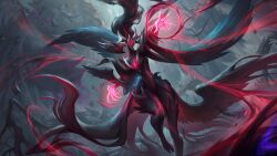 Rule 34 | 1girl, arm up, black hair, claws, coven janna, feathered wings, fingernails, foot out of frame, glowing, glowing eyes, highres, janna (league of legends), league of legends, legends of runeterra, long hair, magic, multicolored hair, official alternate costume, official art, one-eyed, red hair, sharp fingernails, solo, two-tone hair, wings