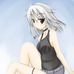 Rule 34 | 1girl, black bow, black eyes, bow, casual, choker, collarbone, eyebrows, female focus, hair bow, izayoi sakuya, knee up, looking at viewer, shorts, silver hair, simple background, sitting, sleeveless, solo, takaharu, tank top, touhou