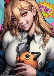 Rule 34 | 1girl, 1other, black necktie, blonde hair, breasts, chainsaw man, collared shirt, cross-shaped pupils, grin, hair between eyes, highres, horns, large breasts, long hair, long sleeves, necktie, pochita (chainsaw man), power (chainsaw man), realistic, sharp teeth, shirt, signature, smile, sound effects, stanley lau, symbol-shaped pupils, teeth, tight clothes, tight shirt, white shirt, yellow eyes